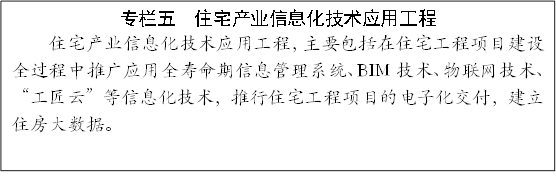 专栏五  住宅产业信息化技术应用工程
住宅产业信息化技术应用工程，主要包括在住宅工程项目建设全过程中推广应用全寿命期信息管理系统、BIM技术、物联网技术、“工匠云”等信息化技术，推行住宅工程项目的电子化交付，建立住房大数据。
